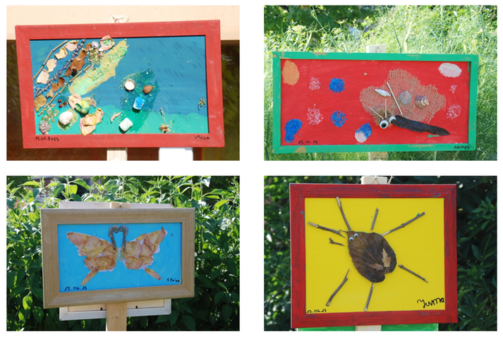 Quatre bricolages d'enfants représentant des insectes à partir de matériaux naturels