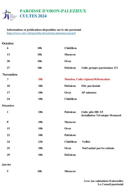 Liste des cultes pour 2è semestre 2024