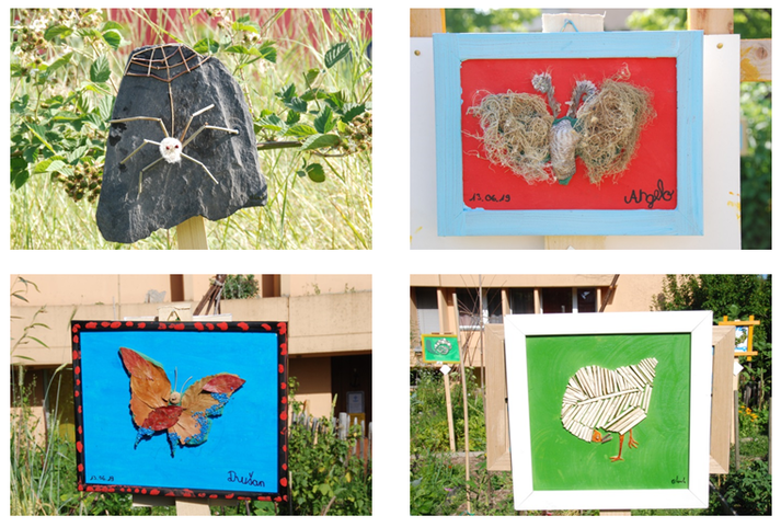 Quatre bricolages d'enfants représentant des animaux à partir de matières naturelles : deux papillons, une araignée et une poule